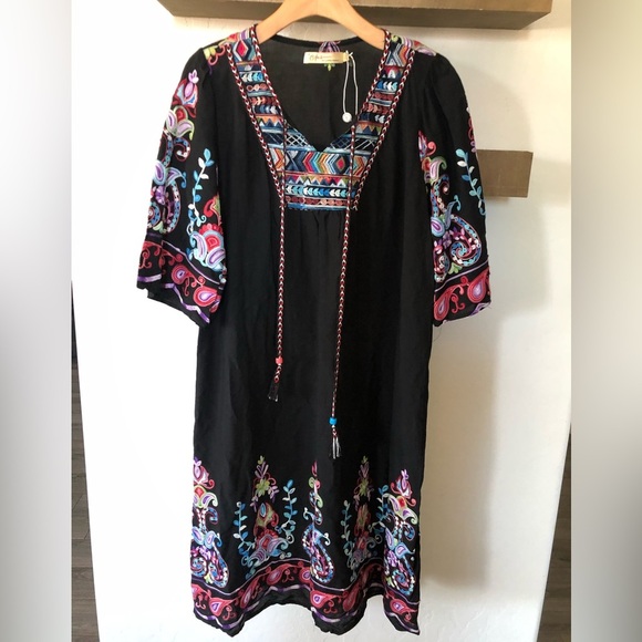 Cyn Cynthia Mehra|Boho floral embroidered black flowy dress with tassels•NWOT - Picture 8 of 15